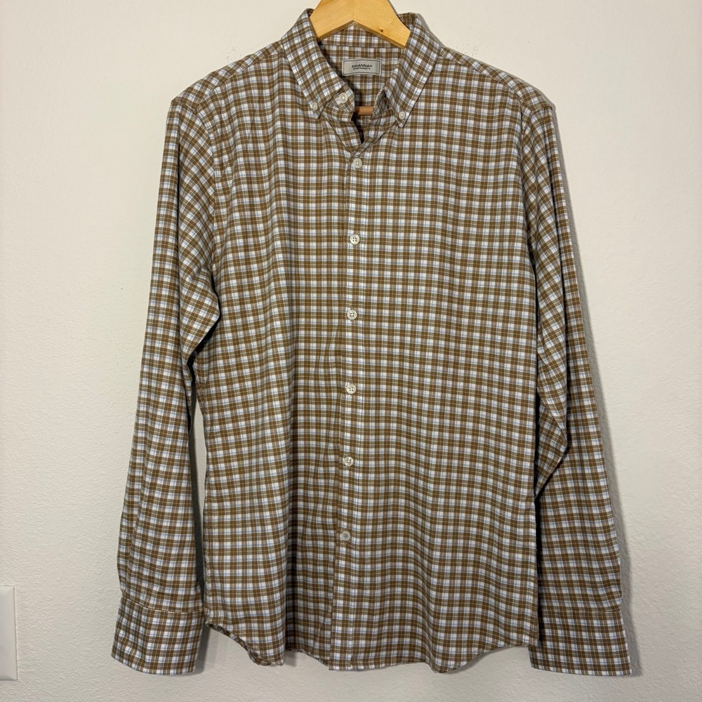Savannah Mens Plaid Long Sleeve Button Down Soft Shirt Size M Brown Lt. Blue